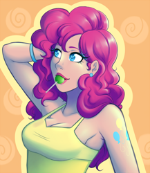 Size: 1400x1614 | Tagged: safe, artist:emberfan11, character:pinkie pie, species:human, alternative cutie mark placement, armpits, candy, clothing, female, food, heart eyes, humanized, shoulder cutie mark, sleeveless, solo, tank top, wingding eyes