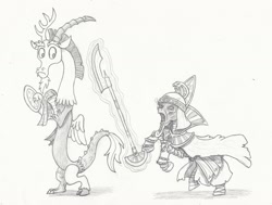 Size: 1786x1353 | Tagged: safe, artist:sensko, character:discord, species:draconequus, species:pony, newbie artist training grounds, crossover, dish, duo, glaive, grayscale, magic, magic aura, male, monochrome, mummy, pencil drawing, ponified, rearing, settra the imperishable, stallion, telekinesis, tomb kings, traditional art, undead, warhammer (game), warhammer fantasy, weapon