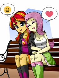 Size: 1110x1450 | Tagged: safe, artist:nekojackun, character:fluttershy, character:sunset shimmer, ship:sunshyne, my little pony:equestria girls, bench, breasts, cleavage, clothing, cute, dawwww, emoji, eyes closed, female, heart, lesbian, shipping, sitting, smiling