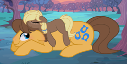 Size: 1295x655 | Tagged: safe, artist:moon-rose-rosie, character:caramel, oc, oc:sunshine, parent:applejack, parent:caramel, parents:carajack, species:pony, father and daughter, female, filly, male, offspring, prone
