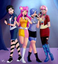 Size: 1300x1415 | Tagged: safe, alternate version, artist:emberfan11, oc, oc:glitter shine (ice1517), oc:night rose (ice1517), species:human, ami onuki, belt, boots, bow, bracelet, breasts, cartoon network, choker, clothing, commission, compression shorts, concert, converse, crossover, curtains, denim, denim shorts, dress, ear piercing, earring, female, glasses, hair bow, hair over one eye, hi hi puffy ami yumi, humanized, humanized oc, jacket, jewelry, lipstick, microphone, miniskirt, one eye closed, open mouth, pantyhose, piercing, pigtails, ripped pantyhose, shirt, shoes, shorts, singing, skirt, sneakers, socks, spiked choker, spiked wristband, stage, stockings, t-shirt, tank top, tattoo, thigh highs, torn clothes, torn stockings, twintails, wall of tags, wink, wristband, yumi yoshimura