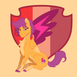 Size: 1800x1800 | Tagged: safe, artist:shimazun, character:scootaloo, species:pegasus, species:pony, colored hooves, cutie mark, cutie mark background, female, mare, older, older scootaloo, orange background, realistic horse legs, simple background, smiling, solo, the cmc's cutie marks