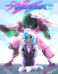 Size: 2000x2564 | Tagged: safe, artist:redchetgreen, oc, oc only, oc:cloud zapper, species:pegasus, species:pony, clothing, commission, crossover, d.va, female, hat, mare, mecha, overwatch, smiling, solo