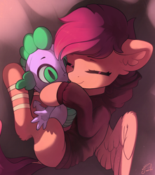 Size: 1500x1700 | Tagged: safe, artist:freeedon, character:spike, oc, oc:ramiras, species:pegasus, species:pony, g4, clothing, cuddling, cute, ear fluff, eyebrows, eyes closed, female, filly, fluffy, hnnng, hoodie, leg fluff, not scootaloo, ocbetes, plushie, signature, smiling, solo, wing fluff, wings