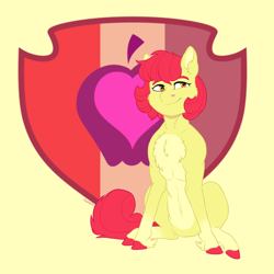 Size: 1800x1800 | Tagged: safe, artist:shimazun, character:apple bloom, species:earth pony, species:pony, adult, colored hooves, cutie mark background, female, mare, older, older apple bloom, realistic horse legs, short hair, simple background, solo, the cmc's cutie marks, yellow background