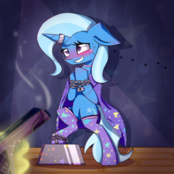 Size: 1861x1861 | Tagged: safe, artist:lixthefork, character:sunburst, character:trixie, species:pony, species:unicorn, bipedal, blushing, bondage, chains, clothing, escape act, female, gun, horn ring, implied sunburst, levitation, magic, magic suppression, magic trick, male, maledom, mare, socks, solo, standing, telekinesis, the weak and powerless trixie, this will end in death, this will end in tears and/or death, weapon
