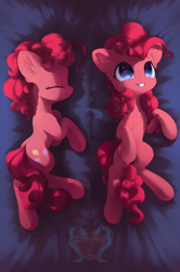 Size: 1600x2403 | Tagged: safe, artist:freeedon, character:pinkie pie, species:earth pony, species:pony, body pillow design, commission, cute, diapinkes, female, mare, on back, smiling, solo