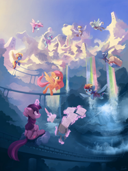 Size: 6000x8019 | Tagged: safe, artist:freeedon, character:cloudchaser, character:derpy hooves, character:fleetfoot, character:flitter, character:fluttershy, character:night glider, character:rainbow dash, character:spitfire, character:twilight sparkle, character:twilight sparkle (alicorn), species:alicorn, species:pegasus, species:pony, g4, absurd file size, absurd resolution, beautiful, belly button, city, clothing, cloud, cloudscape, cloudsdale, female, floppy ears, flying, goggles, magic, mare, open mouth, paper, quill, rainbow, rainbow waterfall, saddle bag, scenery, sitting, sky, smiling, uniform, vertigo, wonderbolts uniform