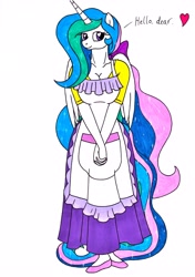 Size: 2450x3490 | Tagged: safe, artist:killerteddybear94, character:princess celestia, species:alicorn, species:anthro, species:plantigrade anthro, g4, apron, breasts, busty princess celestia, cleavage, clothing, cute, cutelestia, dialogue, female, heart, heart eyes, housewife, looking at you, mare, momlestia, multicolored hair, redraw, shirt, shoes, skirt, smiling, solo, t-shirt, talking to viewer, text, wingding eyes