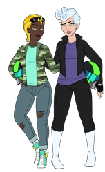 Size: 2385x3914 | Tagged: safe, alternate version, artist:emberfan11, character:lightning dust, character:rolling thunder, species:human, episode:the washouts, g4, my little pony: friendship is magic, boots, camouflage, clothing, commission, converse, dark skin, ear piercing, earring, eye scar, female, fingerless gloves, gloves, helmet, hoodie, humanized, jacket, jeans, jewelry, leather jacket, lip piercing, lipstick, pants, piercing, scar, shirt, shoes, simple background, sneakers, socks, sunglasses, t-shirt, torn clothes, transparent background