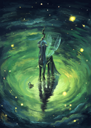 Size: 1240x1755 | Tagged: safe, artist:plainoasis, character:queen chrysalis, species:changeling, changeling queen, crown, crying, female, floppy ears, jewelry, looking up, painting, reflection, regalia, sad, solo, spread wings, standing, stars, water, wings