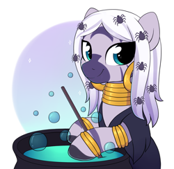 Size: 2411x2354 | Tagged: safe, artist:moozua, character:zecora, species:zebra, alternate hairstyle, bracelet, bubble, cauldron, clothing, costume, cute, ear piercing, earring, female, jewelry, long hair, looking at you, neck rings, nightmare night, piercing, quadrupedal, smiling, solo, spider