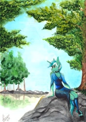 Size: 1524x2160 | Tagged: safe, artist:stirren, character:lyra heartstrings, species:anthro, species:pony, species:unguligrade anthro, species:unicorn, beautiful, clothing, dress, female, hooves, reflection, rock, sitting, solo, traditional art, tree, unshorn fetlocks, water