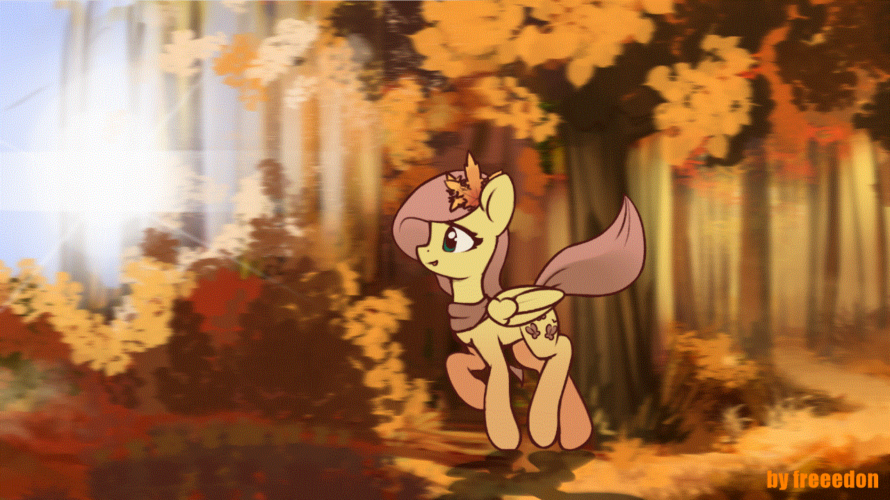 Size: 1280x720 | Tagged: safe, artist:freeedon, character:fluttershy, species:pegasus, species:pony, animated, autumn, blinking, clothing, cute, eyes closed, female, floppy ears, folded wings, forest, frame by frame, gif, happy, leaf, looking up, mare, open mouth, prancing, raised hoof, raised leg, scarf, scenery, shyabetes, smiling, solo, video at source, wings