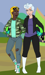 Size: 2385x3914 | Tagged: safe, alternate version, artist:emberfan11, character:lightning dust, character:rolling thunder, species:human, episode:the washouts, g4, my little pony: friendship is magic, boots, camouflage, clothing, commission, converse, dark skin, ear piercing, earring, eye scar, female, fingerless gloves, gloves, helmet, hoodie, humanized, jacket, jeans, jewelry, leather jacket, lip piercing, lipstick, pants, piercing, scar, shirt, shoes, sneakers, socks, sunglasses, t-shirt, torn clothes