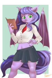 Size: 1000x1500 | Tagged: safe, artist:atane27, oc, oc:midnight reverie, species:anthro, species:bat pony, species:pony, anthro oc, bat pony oc, book, breasts, clothing, female, hand on hip, mare, simple background, smiling, solo