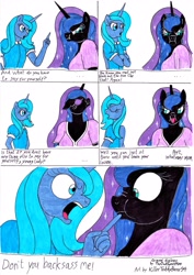 Size: 2476x3488 | Tagged: safe, artist:killerteddybear94, character:nightmare moon, character:princess luna, species:anthro, blep, brat, comic, cute, dialogue, madorable, moonabetes, s1 luna, shaming, silly, tongue out