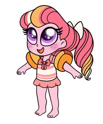 Size: 500x600 | Tagged: safe, artist:carouselunique, artist:honeycrisp-tales, oc, oc only, oc:honeycrisp blossom, parent:big macintosh, parent:princess cadance, parents:cadmac, my little pony:equestria girls, barefoot, clothing, feet, female, offspring, one-piece swimsuit, simple background, solo, swimsuit, transparent background, water wings