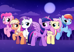 Size: 4000x2800 | Tagged: safe, artist:moozua, character:applejack, character:fluttershy, character:pinkie pie, character:rainbow dash, character:rarity, character:twilight sparkle, character:twilight sparkle (alicorn), species:alicorn, species:earth pony, species:pegasus, species:pony, species:unicorn, full moon, looking at you, mane six, moon, night, princewhateverer, smiling, spread wings, wings