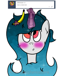 Size: 2000x2376 | Tagged: safe, artist:phenioxflame, oc, oc only, oc:phenioxflame, ask, banana, blushing, food, messy mane, simple background, solo, transparent background, tumblr