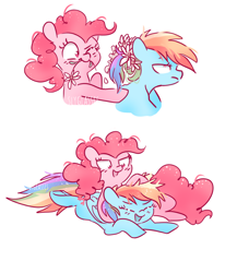 Size: 886x1021 | Tagged: safe, artist:pinkablue, character:pinkie pie, character:rainbow dash, species:earth pony, species:pegasus, species:pony, ship:pinkiedash, female, flower, flower in hair, flower in mouth, laughing, lesbian, mare, mouth hold, noogie, ponytail, prone, shipping, simple background, white background
