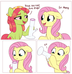 Size: 2916x2998 | Tagged: safe, artist:moozua, character:fluttershy, character:tree hugger, species:earth pony, species:pegasus, species:pony, blatant lies, bong, comic, drugs, duo, female, imminent vomiting, mare, marijuana, painfully innocent fluttershy, peer pressure, ponified, silly, silly pony, simple background, tree stoner, white background, you're doing it wrong