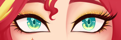 Size: 1600x536 | Tagged: safe, artist:emberfan11, character:sunset shimmer, species:human, my little pony:equestria girls, alternative cutie mark placement, close-up, female, human coloration, persona eyes, solo