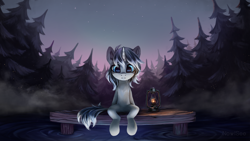 Size: 5476x3080 | Tagged: safe, artist:inowiseei, oc, oc only, species:pony, species:unicorn, absurd resolution, commission, female, forest, lantern, mare, pier, scenery, sitting, solo, water