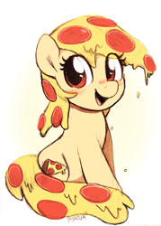 Size: 1405x1958 | Tagged: safe, artist:moozua, oc, oc:mozzarella orgy, species:pony, blushing, cute, dripping, female, food, food pony, looking at you, mare, ocbetes, open mouth, original species, pizza, pizza pony, simple background, sitting, smiling, white background