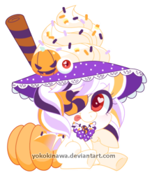 Size: 480x550 | Tagged: safe, artist:yokokinawa, oc, oc only, oc:magic sprinkles, bow, chibi, food, halloween, halloween costume, heart eyes, holiday, jack-o-lantern, patch, pumpkin, simple background, solo, sprinkles, tongue out, transparent background, wingding eyes