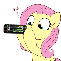 Size: 1337x1337 | Tagged: safe, artist:moozua, edit, character:fluttershy, species:pegasus, species:pony, cute, drink, drinking, energy drink, female, mare, monster energy, painfully innocent fluttershy, simple background, solo, this will not end well, white background
