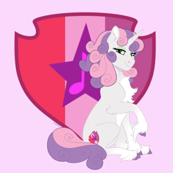 Size: 1800x1800 | Tagged: safe, artist:shimazun, character:sweetie belle, species:pony, species:unicorn, chest fluff, cloven hooves, colored hooves, cutie mark, cutie mark background, female, lidded eyes, mare, older, older sweetie belle, pale belly, purple background, simple background, sitting, smiling, solo, sweetie belle's cutie mark, the cmc's cutie marks, unshorn fetlocks