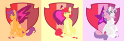 Size: 5400x1800 | Tagged: safe, artist:shimazun, character:apple bloom, character:scootaloo, character:sweetie belle, species:earth pony, species:pegasus, species:pony, species:unicorn, alternate hairstyle, chest fluff, cloven hooves, colored hooves, cutie mark, cutie mark background, cutie mark crusaders, female, mare, older, older apple bloom, older scootaloo, older sweetie belle, pale belly, smiling, the cmc's cutie marks, unshorn fetlocks, wing fluff