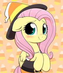 Size: 2002x2329 | Tagged: safe, artist:moozua, character:fluttershy, species:pegasus, species:pony, blushing, candy, candy corn, cute, female, floppy ears, food, halloween, halloween costume, holiday, mare, shyabetes, witch