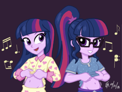 Size: 2224x1668 | Tagged: safe, artist:mayorlight, character:twilight sparkle, character:twilight sparkle (alicorn), character:twilight sparkle (scitwi), species:alicorn, species:eqg human, species:pony, my little pony:equestria girls, belly button, belly dancer, breasts, clothing, commission, digital art, glasses, midriff, music notes, pajamas, shirt, shirt lift, twolight
