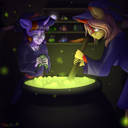 Size: 3000x3000 | Tagged: safe, artist:nika-rain, oc, species:anthro, anthro oc, cauldron, clothing, commission, halloween, hat, holiday, witch, witch hat, ych result