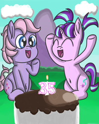 Size: 2400x3000 | Tagged: safe, artist:saburodaimando, character:baby lickety split, character:starlight glimmer, g1, 35th anniversary, belly button, cake, female, filly, filly starlight glimmer, food, g1 to g4, generation leap, happy birthday mlp:fim, younger