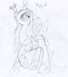 Size: 800x904 | Tagged: safe, artist:foxxy-arts, character:queen chrysalis, species:changeling, balancing, bored, changeling queen, crown, cute, cutealis, female, humming, jewelry, music notes, ponies balancing stuff on their nose, profile, raised hoof, regalia, silly, sketch, smiling, solo, traditional art