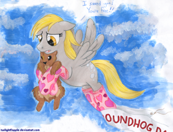 Size: 1180x900 | Tagged: safe, artist:foxxy-arts, character:derpy hooves, species:pegasus, species:pony, banner, carrying, clothing, dialogue, flying, groundhog, groundhog day, heart print, rescue, sky, socks, speech bubble, traditional art