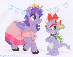 Size: 1142x900 | Tagged: safe, artist:foxxy-arts, character:spike, character:twilight sparkle, character:twilight sparkle (alicorn), species:alicorn, species:dragon, species:pony, bowser, bowspike, bracelet, clothing, collar, cosplay, costume, crossed arms, crown, decoration, dress, duo, dye, ear piercing, eyebrows, horns, jewelry, koopa shell, nightmare night, nightmare night costume, open mouth, piercing, princess peach, princess twipeach, raised hoof, regalia, shell, shoes, simple background, smiling, super mario bros., traditional art, white background