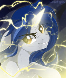 Size: 1000x1184 | Tagged: safe, artist:redchetgreen, oc, oc only, species:pony, species:unicorn, commission, electricity, female, lightning, mare, smiling, solo