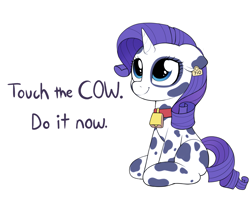 Size: 2729x2191 | Tagged: safe, artist:moozua, character:rarity, species:cow, species:pony, species:unicorn, bell, bell collar, collar, cowbell, cowified, cute, do it now, ear tag, female, floppy ears, looking up, mare, raribetes, raricow, simple background, sitting, smiling, solo, species swap, text, touch the cow, white background