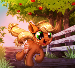 Size: 1200x1094 | Tagged: safe, artist:harwick, character:applejack, species:earth pony, species:pony, episode:the cutie mark chronicles, g4, my little pony: friendship is magic, 2018, applejack day, cute, cutie mark, cutiespark, female, filly, filly applejack, freckles, happy, jackabetes, open mouth, scene interpretation, smiling, solo, tree, trotting, younger