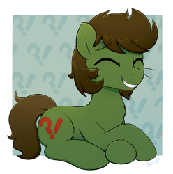 Size: 2024x2042 | Tagged: safe, artist:moozua, oc, oc only, oc:green ganache, species:earth pony, species:pony, chest fluff, commission, cute, exclamation point, eyes closed, interrobang, interrobang (glyph), lying down, male, question mark, smiling, solo, stallion, whiskers