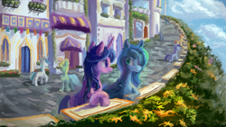 Size: 1920x1080 | Tagged: safe, artist:plainoasis, character:princess luna, character:twilight sparkle, species:alicorn, species:earth pony, species:pony, species:unicorn, canterlot, disguise, duo focus, female, looking at each other, mare, outdoors, street