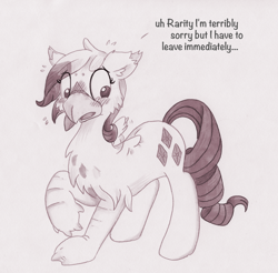 Size: 1000x982 | Tagged: safe, artist:foxxy-arts, part of a set, character:rarity, oc, oc:foxxy hooves, species:hippogriff, species:pony, blushing, character to character, chest fluff, dialogue, ear fluff, embarrassed, hippogriff oc, monochrome, open beak, part of a series, raised hoof, simple background, solo, sweat, sweatdrops, traditional art, transformation, transformation sequence, twinning, white background