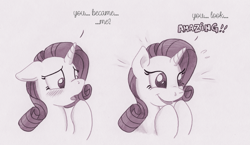 Size: 1381x800 | Tagged: safe, artist:foxxy-arts, part of a set, character:rarity, species:pony, species:unicorn, blushing, bust, confused, dialogue, excited, female, floppy ears, hoof over mouth, monochrome, open mouth, part of a series, portrait, simple background, smiling, solo, traditional art, white background