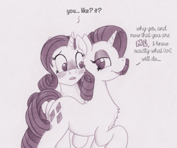 Size: 1074x900 | Tagged: safe, artist:foxxy-arts, part of a set, character:rarity, oc, oc:foxxy hooves, species:pony, species:unicorn, bedroom eyes, blushing, character to character, chest fluff, dialogue, duality, duo, looking at each other, looking back, monochrome, open mouth, part of a series, personal space invasion, ponidox, self ponidox, simple background, smiling, traditional art, transformation, transformation sequence, transformed, twinning, white background