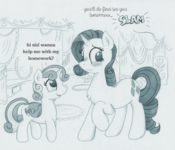 Size: 1163x1000 | Tagged: safe, artist:foxxy-arts, part of a set, character:rarity, character:sweetie belle, oc, oc:foxxy hooves, species:pony, species:unicorn, blushing, carousel boutique, character to character, chest fluff, dialogue, door slam, duo, monochrome, offscreen character, part of a series, raised hoof, saddle bag, smiling, sound effects, traditional art, transformed, twinning