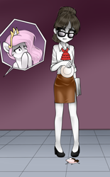 Size: 1100x1773 | Tagged: safe, artist:nekojackun, character:princess celestia, character:raven inkwell, species:pony, my little pony:equestria girls, cake, clothing, female, food, glasses, hair bun, high heels, legs, plate, shoes, side slit, skirt, this will end in banishment